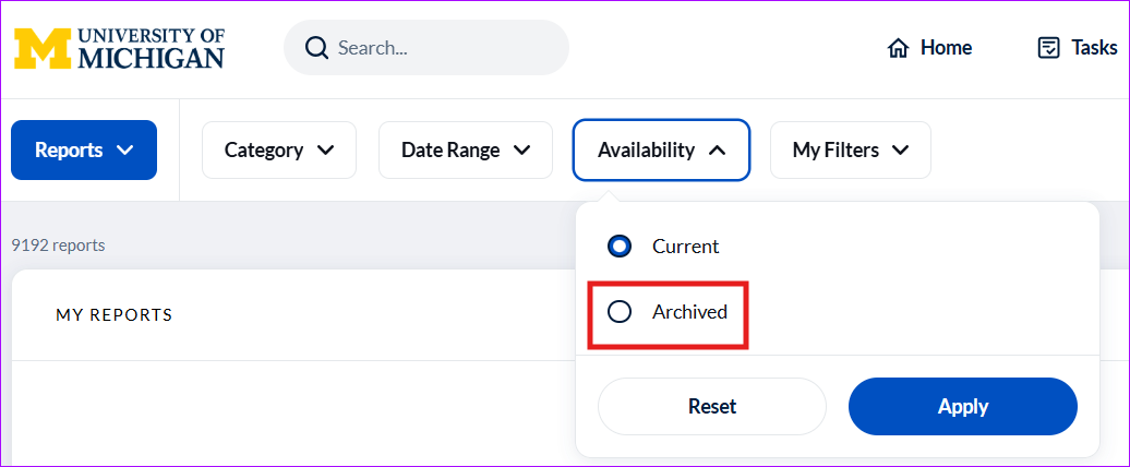 Expanded Availability filter with Current selected and Archived highlighted as the option for viewing reports from a past term. Reset and Apply buttons appear below.