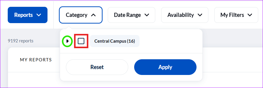 Expanded Category filter showing a triangle control, an All Terms checkbox, the “Central Campus (16)” category, and Reset and Apply buttons.